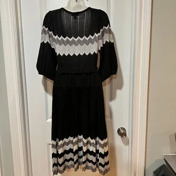 New Bebe Black/Grey/Silver Metallic Thread w/¾ Sleeves Midi Dress, Size L (NWOT) - Picture 11 of 12